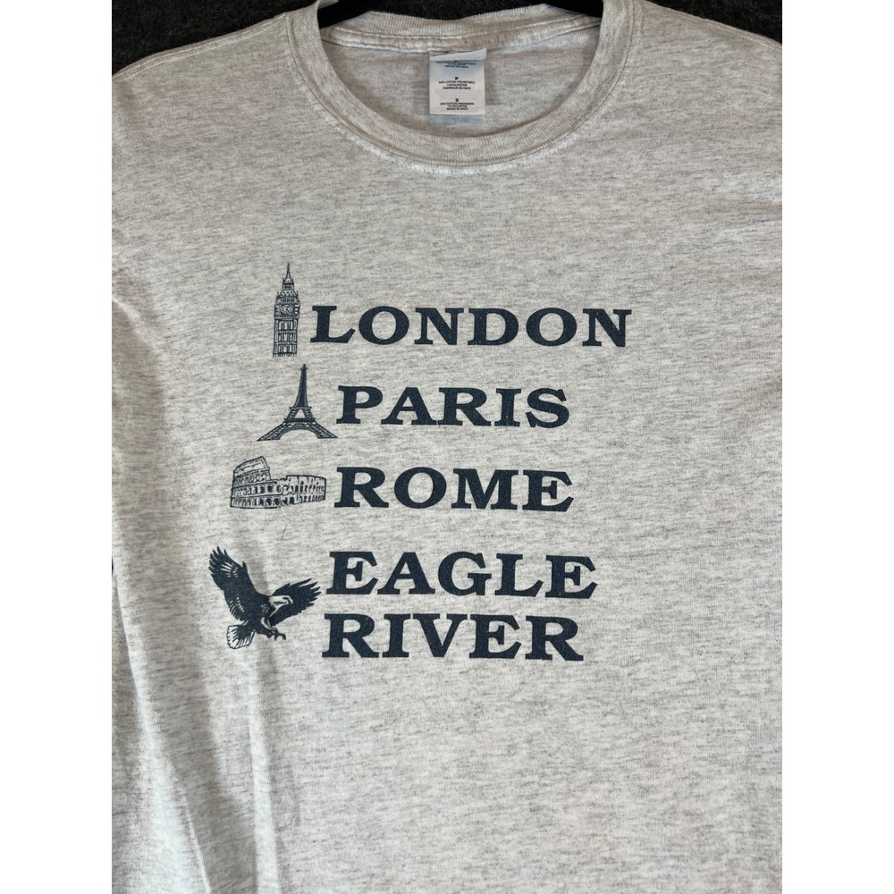 Vintage 90s Eagle River Wisconsin T-Shirt Gray Mens Small Funny Destination